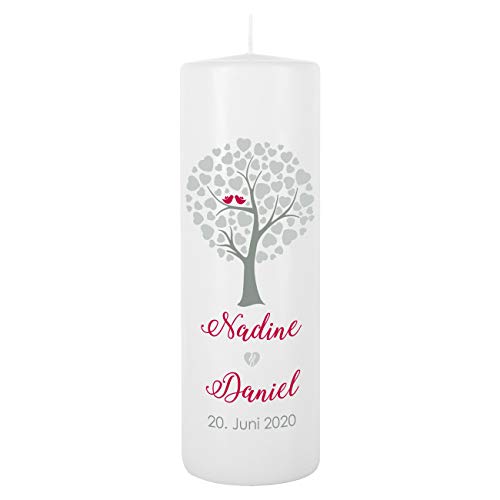 Herz & Heim® Moderne Hochzeitskerze mit Gratis Aufdruck der Namen und Datum 250/80mm Brenndauer ca. 120 h Herzen Lebensbaum