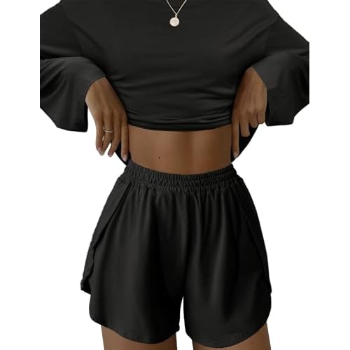 Kistore Womens 2 Piece Pajama Sets Long Sleeve Top and Shorts Sleepwear Pjs Lounge Matching Split Short Sets B-black X-Large