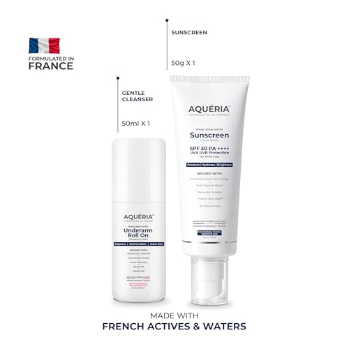 Image of Aqueria Daily Brightening Essentials Kit | Hydrating & Brightening French Sunscreen SPF 50 PA+++ (50g) & 5.5% AHA BHA Underarm Roll On (50ml) | Reduces Tanning, Controls Sweat & Odor | Lightweight, No White Cast | Flora Fragrance