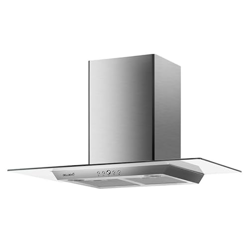 Hotte décorative murale BELDEKO 90 cm – Verre & Inox – 200 Watts - Débit 560 m³/h – 3 vitesses + LED – Recyclage ou évacuation – Marque française