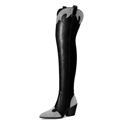 MUCCCUTE Cowboy Boots for Women Black Thigh High Boots - Fashion Cowgirl Over The Knee Boots with Rhinestone - Pointed Toe Chunky Heels Side Zipper Fall Tall Boots for Ladies