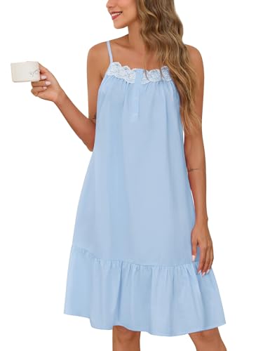 Image of SWOMOG 100% Cotton Nightgowns for Women Lace Sleeveless Sleep Dress Victorian Sleepshirt Button Strap Night Gown