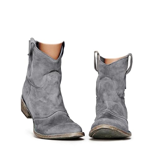 Suede Ankle Boots for Women Western Cowboy Ankle Boots Round Toe Mid Heel Slip On Back Zipper Fall Short Ankle Booties (Gray,9.5)