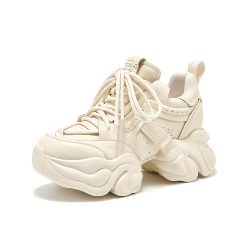 BEAU TODAY Chunky Sneakers for Women, Womens Fashion Sneakers, Leather Sneakers Women Comfortable Casual Lace-Up Chunky Platform Dad Shoes