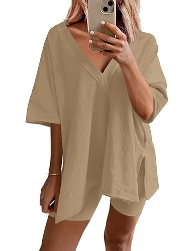Image of Ekouaer Womens Pajamas 2 Piece Lounge Sets Oversized V Neck T-Shirts Tops Biker Shorts Set Workout Reversible Tracksuit S-XXL