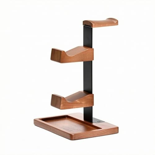 Image of Wood and Metal Headset Stand with Storage Tray Two Shelves Headphone Stand with Tray Curved Hanger Desktop Headphone Holder Sturdy for Gamers, Gaming Setup, as Shown