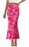 PRETTYGARDEN Women's Floral Print Mesh Long Skirt High Waisted Bodycon Fishtail Flowy Summer Maxi Skirts for Women Trendy (Floral Pink, Small)