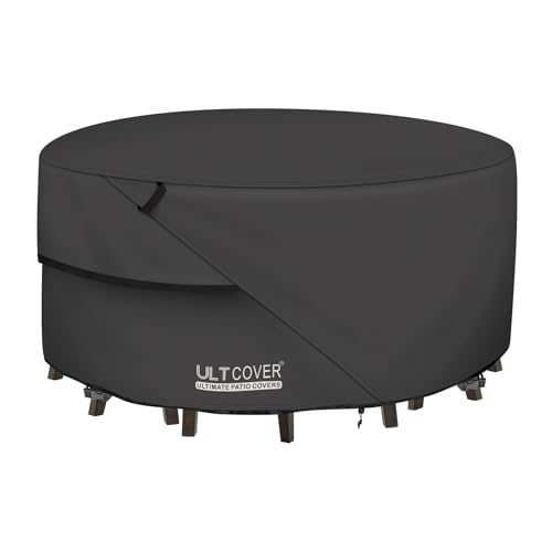 ULTCOVER Round Patio Furniture Cover - Outdoor Waterproof Table with Chair Set Cover 92 inch, Black