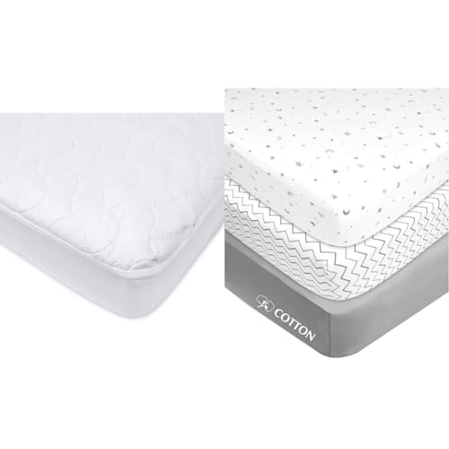 Image of American Baby Company Waterproof Fitted Crib and Toddler Mattress Protector & 3 Pack Fitted Mini Crib Sheet 24" x 38", Soft Breathable Neutral 100% Cotton Jersey Portable Sheet, Gray Star/Zigzag