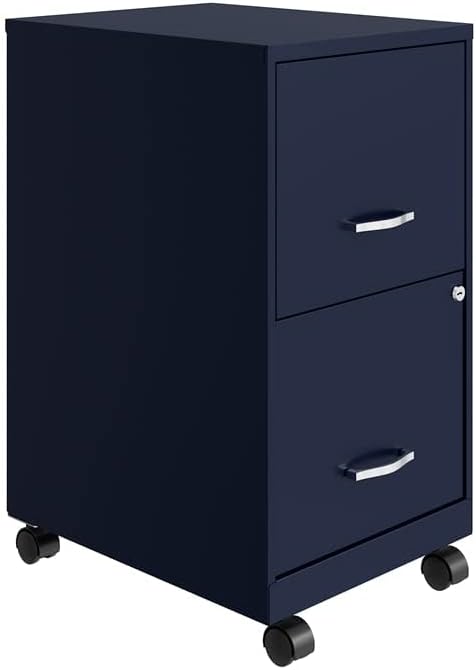 Space Solutions 18 Inch Wide Metal Mobile Organizer File Cabinet for Office Supplies and Hanging File Folders with 2 File Drawers, Navy Blue