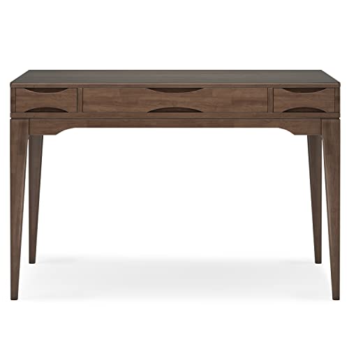 Image of SIMPLIHOME Harper Small Desk - 48 Inch Wide Solid Hardwood Writing Desk in Walnut Brown, Mid-Century Modern Home Office Computer Table for Study with 2 Drawers and Flip-Down Keyboard Tray