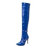 Material superior:PU bbruriy Moda para Mujer Cinturón con Hebilla sobre Las Botas hasta la Rodilla Charol Punta Puntiaguda Tacón de Aguja Tacones Altos Botas Altas hasta el Muslo Cremallera Lateral Zapatos de,Azul,44