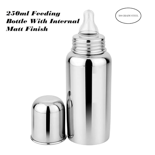Image of Stainless Steel 304 Grade Baby Feeding Bottle and Cleaning Brush Set | Steel Soft Silicone for Newborns, Infants, Toddlers, and Kids of 6 Months to 2 Years | Silver | 250ml | Pack of 1