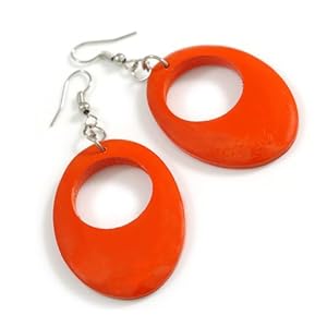 Fiery Ember – Glossy Orange Wooden Oval Dangle Earrings – 65mm Long