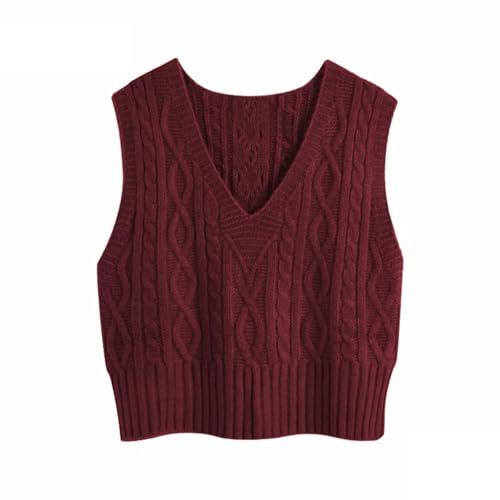 Pullunder Damen Ärmellos V-Ausschnitt Strickweste Pullover Elegant Strickpullover Strickpulli Casual Damen Herbst Winterpullover Sweater Vest Weinrot...