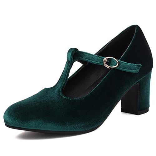Eestfy Women's Mary Jane Court Shoes Chunky Block Heel Round Toe Suede Buckle T-Strap Pumps for Cocktail Party & Daily Office Wear Wide Size,Green,11 UK