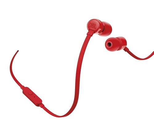 Image of JBL Tune 110 - Wired in-Ear Headphones with JBL Pure Bass Sound, 1-Button Remote, Microphone and Tangle-Free Flat Cable (Red)