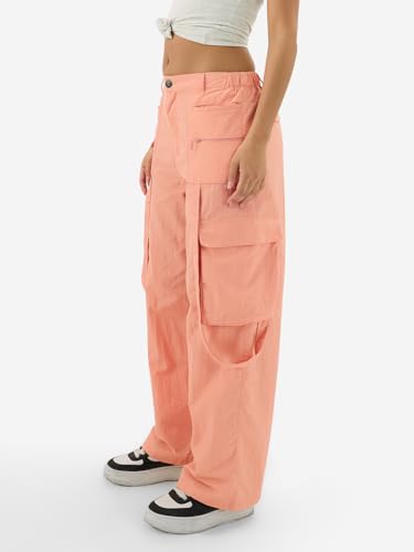 Image of The Souled Store Coral Women and Girls Buttoned Solid Nylon Loose Fit Parachute Pants