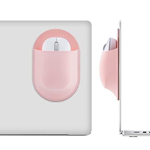 Epessa Stick-On Mouse Pouch Universal Holder for Wireless Mice Reusable Adhesive No Glue Residue Compatible with iPad or MacBook (Pink)