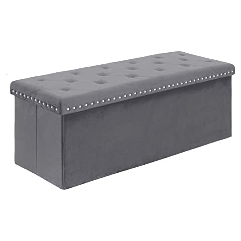 Bonlife Grey Velvet Ottoman Storage,Extra Large End of Bed Storage Box with Lids,Footstool Folding Ottoman Bench Window Seat with Rivet,110x40x40cm Cover