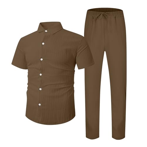 Mens Suits Classic Fit 2 Piece Stretch Shirt Sets Casual Button Down Lapel Shirts And Loose Pants Outfits Work2