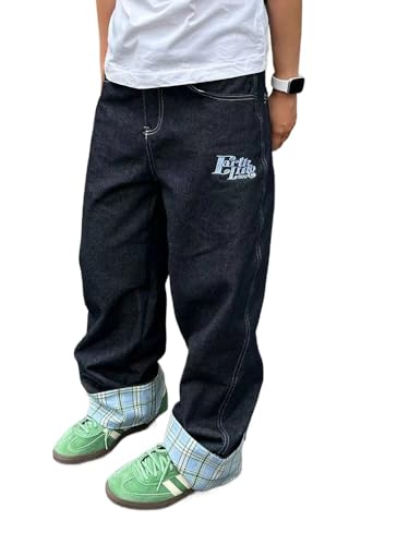 American Vintage Lattice Patchwork Edge Curl Jeans Grunge Harajuku Hip Hop Casual Baggy High Waist Straight Leg Pants