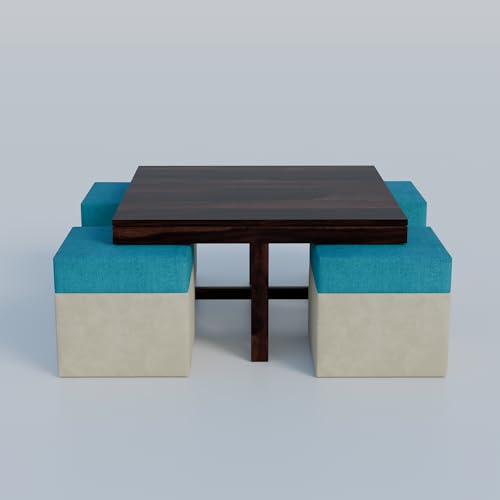 Image of Solid Sheesham Wooden Coffee Table with 4 Stool | Square Centre Table with Stool | Solid Sheesham Wood, Expresso Finish