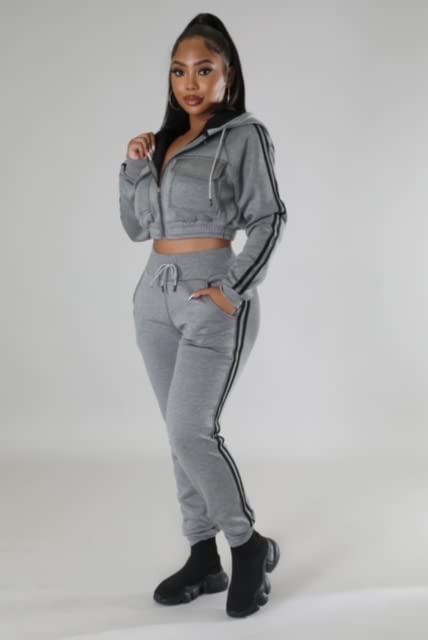 Women's Casusal Two Peice Tracksuit Set With Stripes, Crop Jacket, Ankle Control, Drawstring Pants4