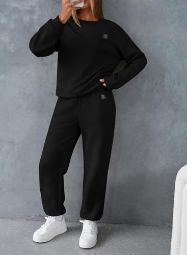 Herseas Womens 2 Piece Letter Patched Outfits Textured Long Sleeve Crewneck Sweatshirt with Jogger Pants Lounge Set4