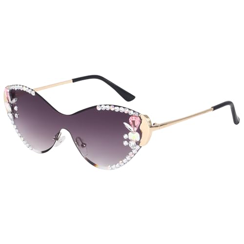 Image of Dervin Cat Eye Sunglasses for Women - UV400 Protection, Rimless Flower Diamond-Cut Lens, Trendy Driving Shades for Women