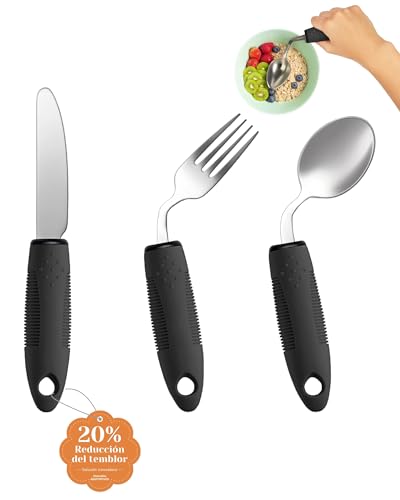 CuraVita - Set de Utensilios Adaptativos (3 Piezas) - Cubiertos Pesados de 3 oz y 42° de Inclinación para Parkinson, Temblores en las Manos y Artritis (Para Zurdo)