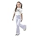 Girls 2 Piece Outfits Long Sleeve Crew Neck Bow T-Shirt Top And Flare Pants Sets Casual Fashion Pullover Athletic Gym Set White,13-14 Years