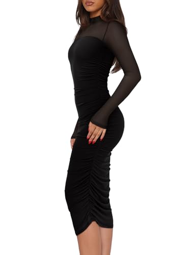 REORIA Women's Fall Mesh Long Sleeve Midi Ruched Bodycon Dress Mock Neck Elegant Club Evening Party Cocktail Dresses2