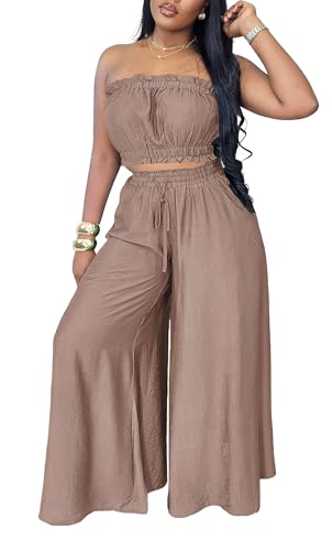 Image of Two Piece Sets for Women Summer Outfits Crop Tops and Wide Leg Pants Sets Sexy Jumpsuits Vacation Outfits with Pockets