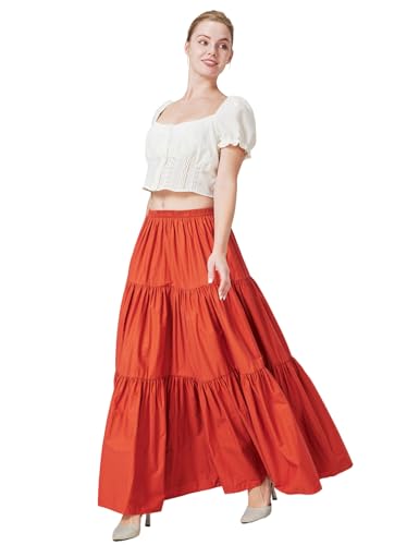 BEAUTELICATE Women's Maxi Tiered Skirt Long Swing Boho Vacation Summer Spring Fall Skirt Pure Cotton Retro Full Circle Victorian Renaissance Steampunk Period Costume(Burnt Orange, XL)