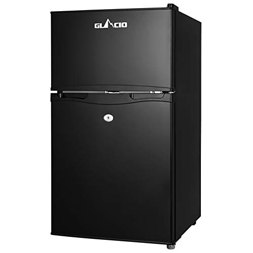 Glacio 90L Mini Fridge Double Door with Freezer, Small Compact Refrigerator for Office Dorm Bedroom or RV, Fast Cooling Ultra Silent Modern Design Built in Lock