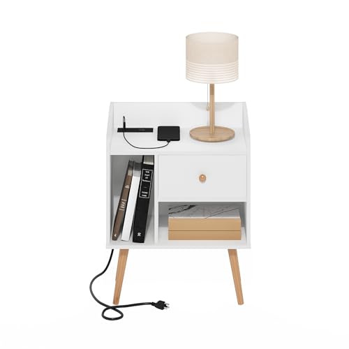 Image of Furinno Claude Mid Century Style End Table, Side Table with USB and Type-C Charging Station, White