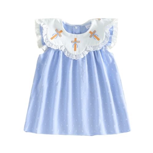 Toddler Girls Dress Easter Clothes Cross Embroidered Doll Collar Fly Sleeve Casual Dress Baby Fashion Princess Dress (Sky Blue, 18-24 Months)