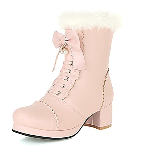 UniqueStride Women's Ankle Boots Platform Ankle Bootie with Chunky Block Heel Lace Up Faux Fur Winter Shoes2