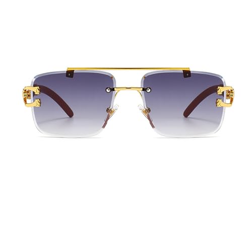 Junsika Oversized Rimless Square Sunglasses for Men Women Classic Retro Designer Imitation Wooden Sunglasses2