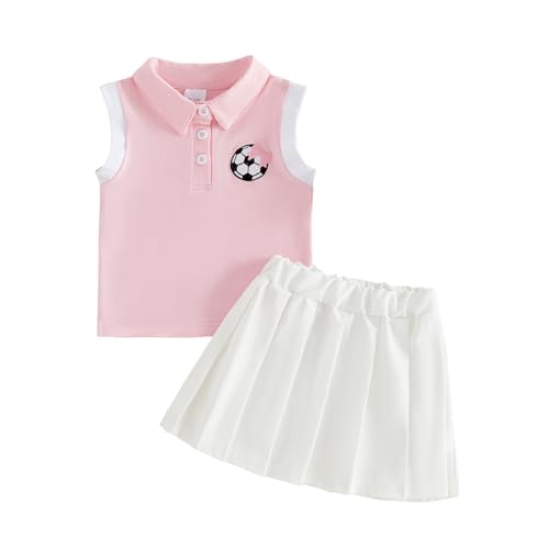 Filgriox Toddler Girl Soccer Outfit Soccer Bow Lapel Button Tank Shirt White Pleated Skirt Set Game Day Sports Summer Clothes (Pink, 3-4 Years)