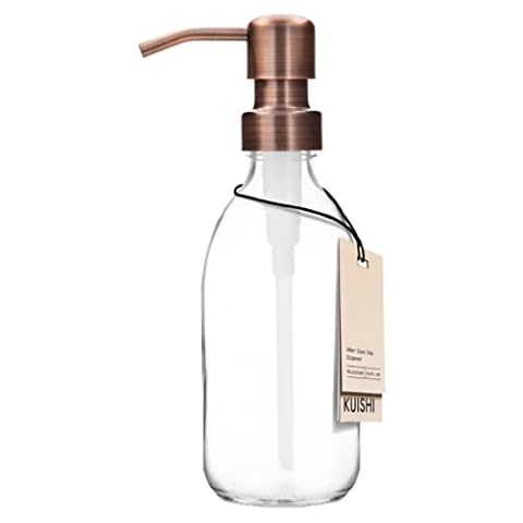 Kuishi Clear Glass Pump Bottle Dispenser [250ml, Bronze Pump] Refillable Amber Glass Soap Dispenser Bottle with Stainless Steel Pump, Eco- Friendly (BPA-Free) Cover