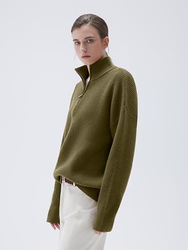 Image of SUUKSESS Women Cashmere Blend Oversized Quarter Zip Pullover Sweater Long Sleeve Collared Ribbed Knit Jumper Tops