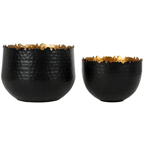 Mygift Matte Black Metal Indoor Plant Pot With Jagged Live Edge And Hammered Design, Small Round Planter Bowl Container With Gold Interior, 2 Piece Set - Handcrafted In India #TOP5