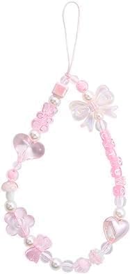 Pink Beaded Phone Charm, Phone Lanyard Mobile Pendant Hand Strap Short Rope Wrist Hand Lanyard,Cell Charms
