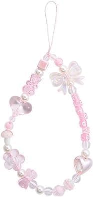 WsjiaboFux Pink Beaded Phone Charm, Phone Lanyard Mobile Phone Pendant Hand Strap Phone Short Rope Phone Wrist Hand Lanyard?Cell Phone Charms