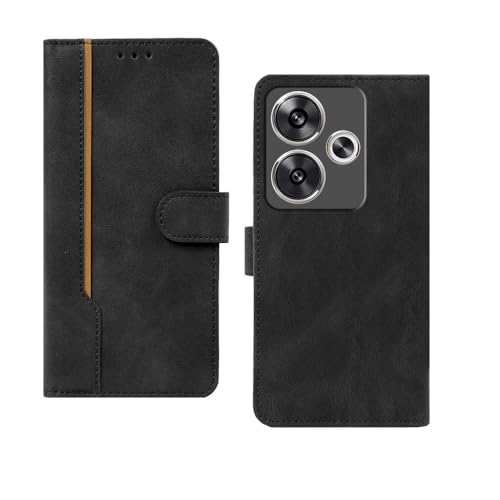Image of amazon basics Poco F6 5G Flip Cover | Card Pockets Wallet & Stand | Flip Cover for Poco F6 5G (Black with Beige Strip)