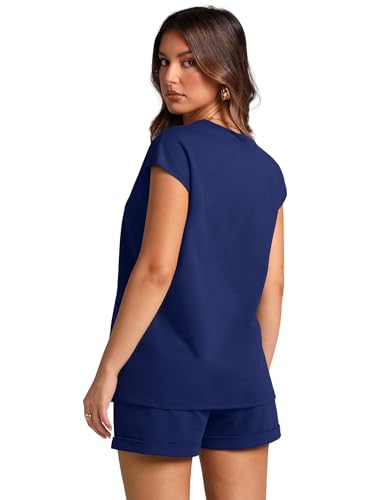 Image of WIHOLL 2 Piece Sets for Women Casual Summer Travel Vacation Outfits Cap Sleeve Shorts Lounge Set