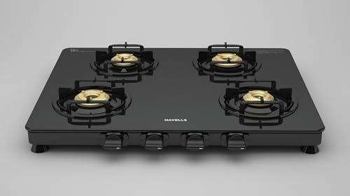 Image of Havells Contour Toughened Glass-Top 4 Brass Burner LPG Gas Stove | Removable Drip Tray | Soft Touch, Ergonomically Designed Knobs | 2 Years Comprehensive Warranty (Black)