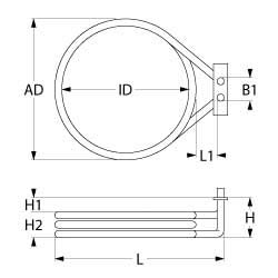 Technical drawing of Unox RS090 heating element with dimensions